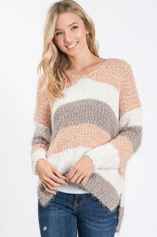 Blush Pink Striped Eyelash Popcorn Long Sleeve Casual Sweater Womens